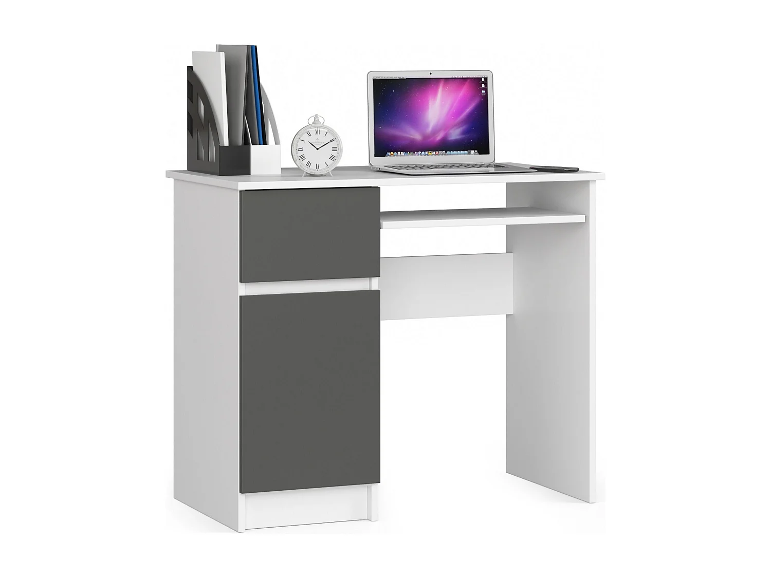 Bureau d'ordinateur AKORD gauche PIKSEL Blanc 90 cm 1 porte 1 tiroir façade Gris Graphite 3 étagères 90x50x77 cm