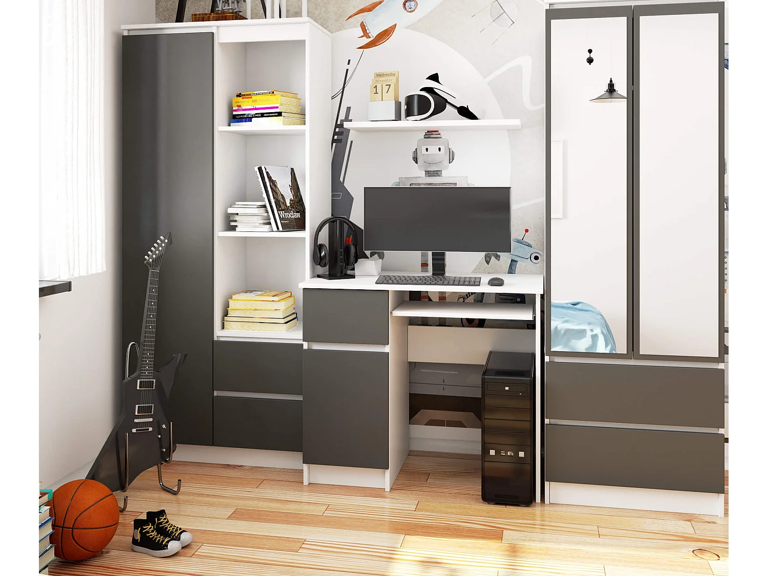 Bureau d'ordinateur AKORD gauche PIKSEL Blanc 90 cm 1 porte 1 tiroir façade Gris Graphite 3 étagères 90x50x77 cm