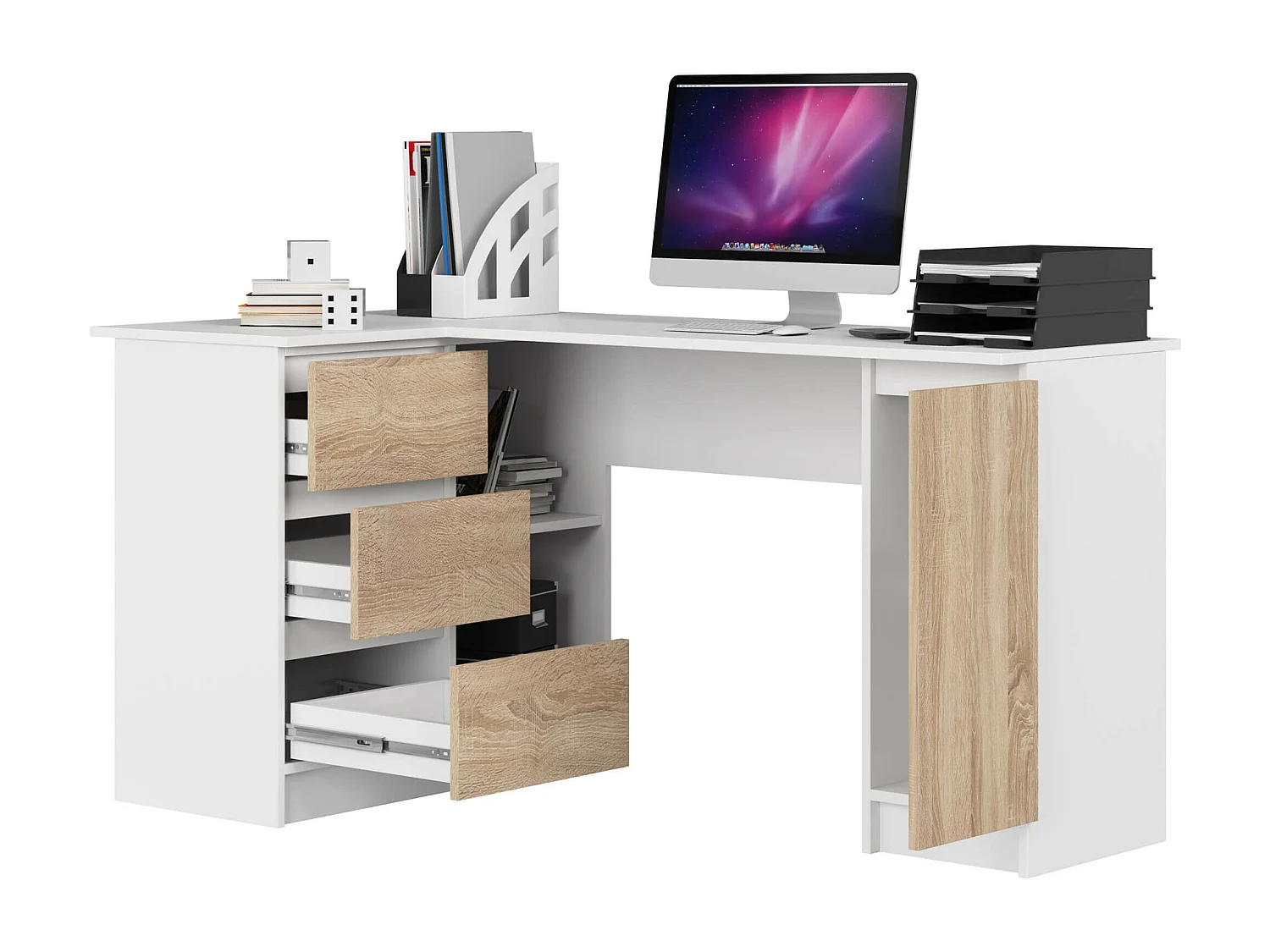 Hoekbureau Links B20 / Computerbureau / Computer Tafel / Bureautafel Links/ Wit – Sonoma Eik / 155 x 77 x 85 cm