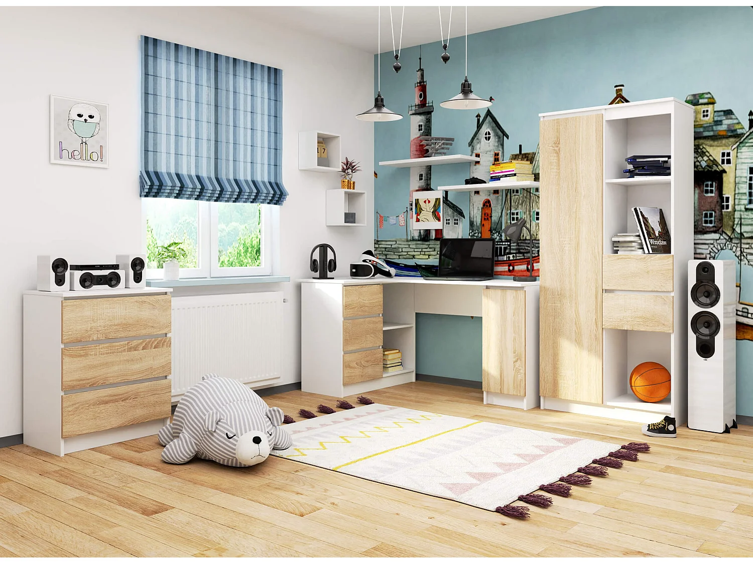 Hoekbureau Links B20 / Computerbureau / Computer Tafel / Bureautafel Links/ Wit – Sonoma Eik / 155 x 77 x 85 cm