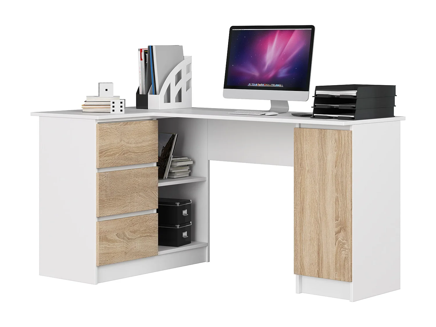 Grand bureau d'angle AKORD gauche B20 Blanc 155 cm 1 porte 3 tiroirs façade Chêne Sonoma 4 étagères 155x85x77 cm