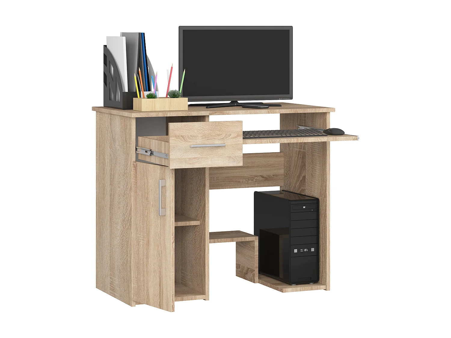 Bureau d'ordinateur AKORD JAY Chêne Sonoma 90 cm 1 porte 1 tiroir façade Chêne Sonoma 3 étagères 90x50x74 cm