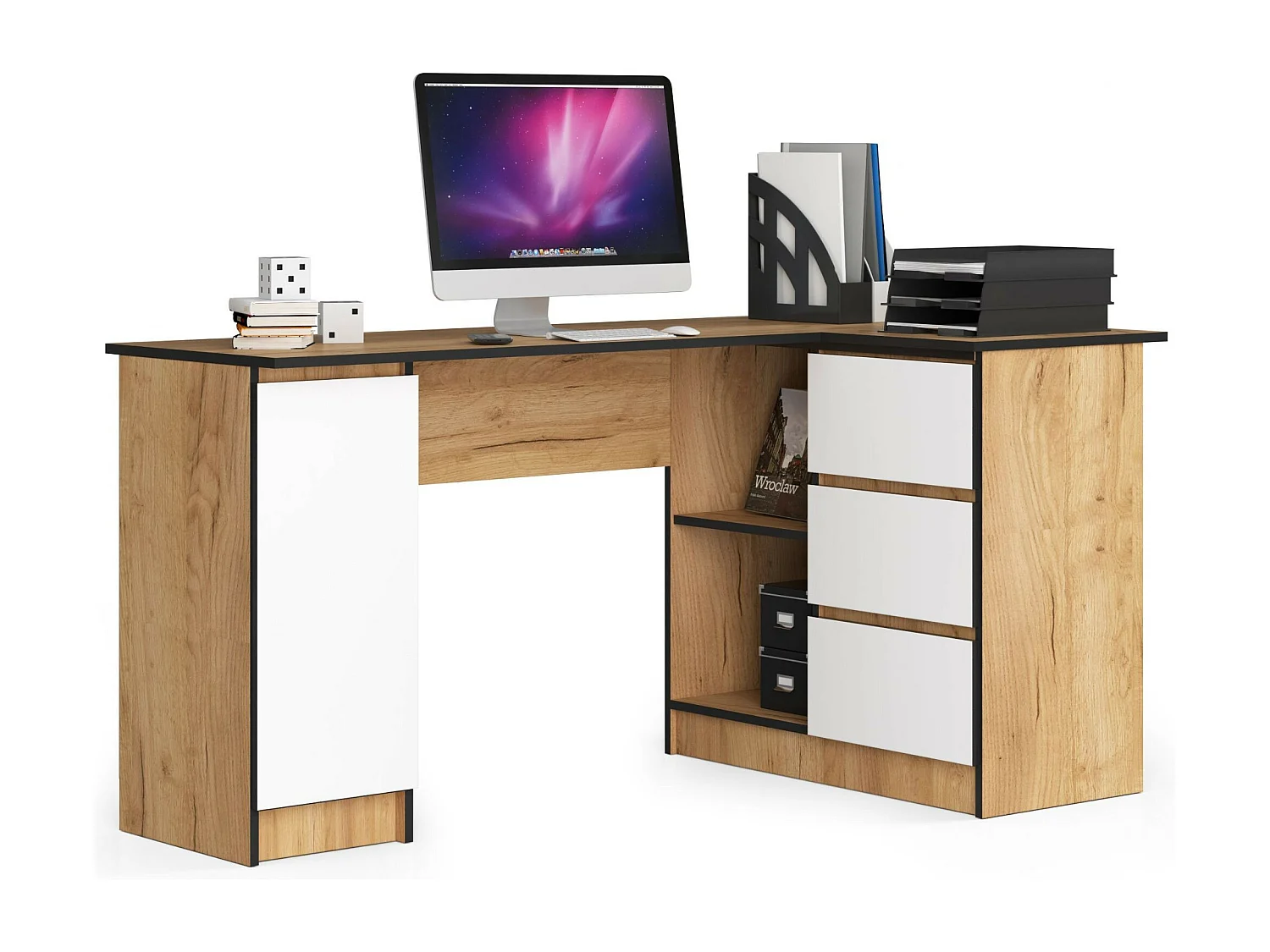 Biurko narożne AKORD B20 Dąb Craft 155 cm prawe 1 drzwi 3 szuflady kolor Biały mat 4 półki 155x85x77 cm