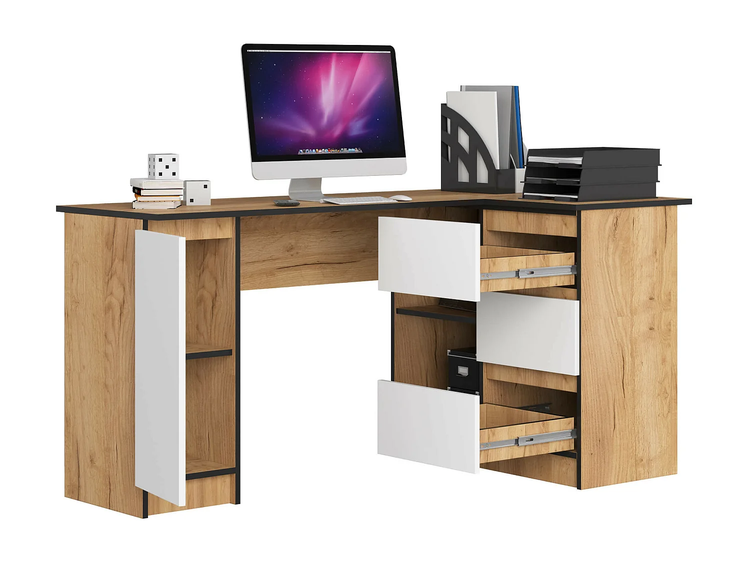 Biurko narożne AKORD B20 Dąb Craft 155 cm prawe 1 drzwi 3 szuflady kolor Biały mat 4 półki 155x85x77 cm