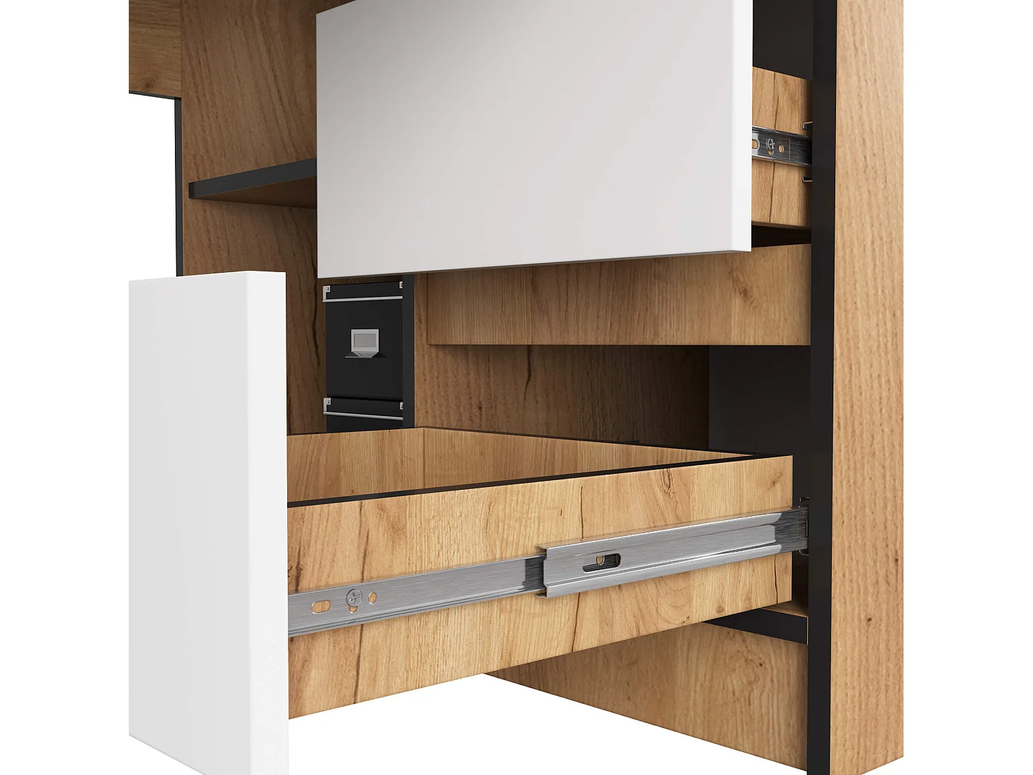 Biurko narożne AKORD B20 Dąb Craft 155 cm prawe 1 drzwi 3 szuflady kolor Biały mat 4 półki 155x85x77 cm