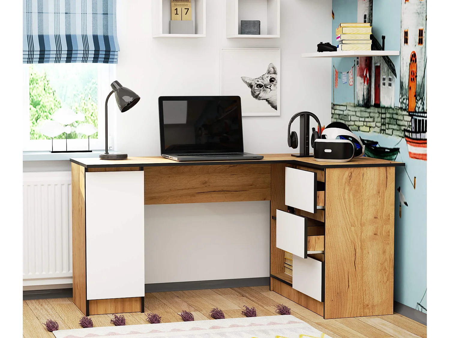 Biurko narożne AKORD B20 Dąb Craft 155 cm prawe 1 drzwi 3 szuflady kolor Biały mat 4 półki 155x85x77 cm