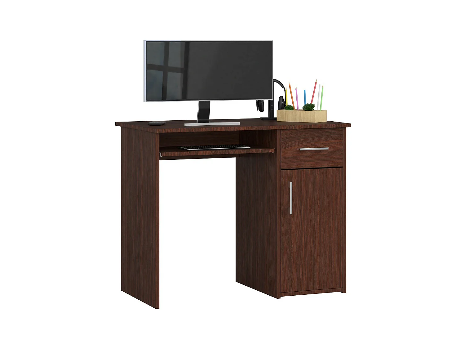 Bureau d'ordinateur AKORD PIN Wengé 90 cm 1 porte 1 tiroir façade Wengé 3 étagères 90x50x74 cm