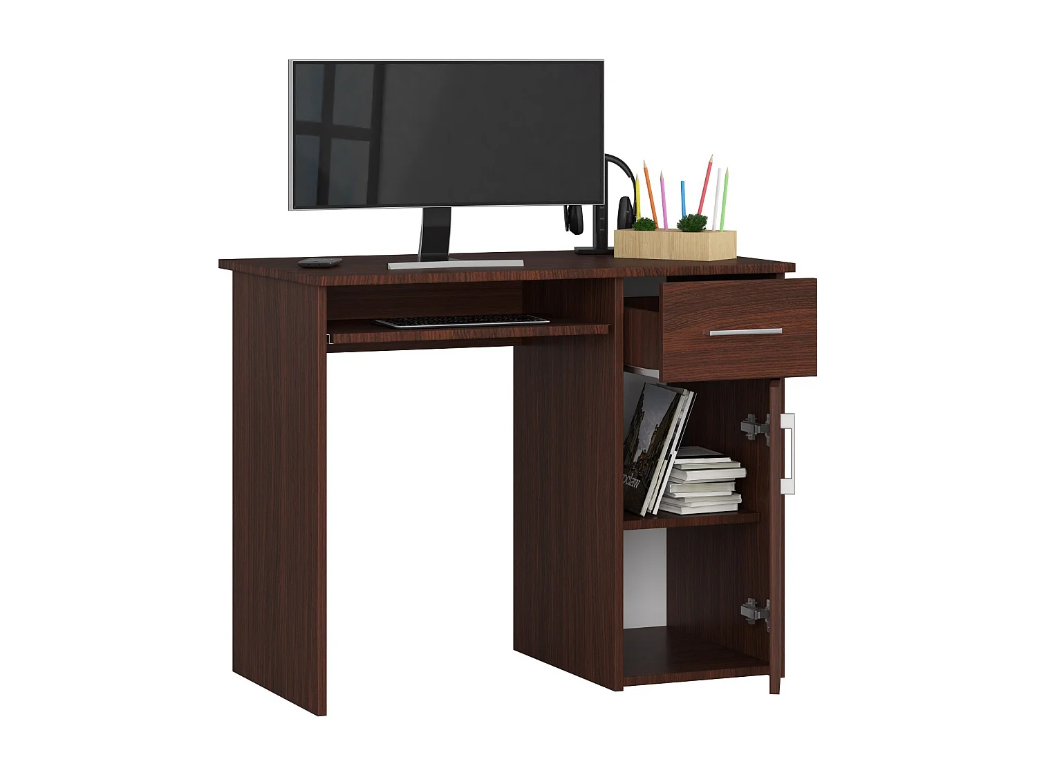 Bureau d'ordinateur AKORD PIN Wengé 90 cm 1 porte 1 tiroir façade Wengé 3 étagères 90x50x74 cm