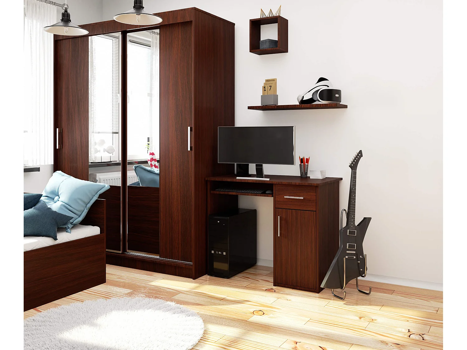 Bureau d'ordinateur AKORD PIN Wengé 90 cm 1 porte 1 tiroir façade Wengé 3 étagères 90x50x74 cm