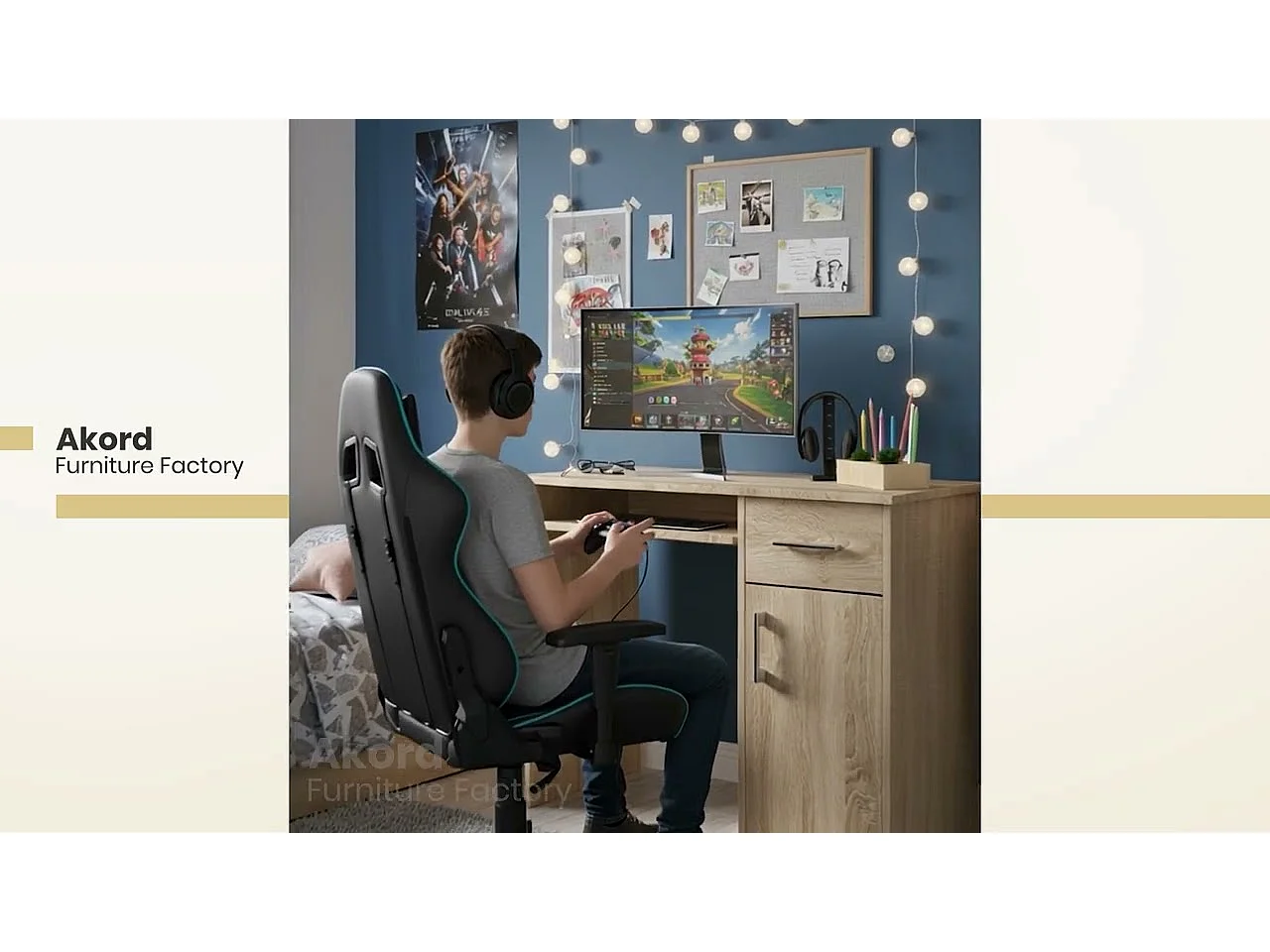 Bureau d'ordinateur AKORD PIN Wengé 90 cm 1 porte 1 tiroir façade Wengé 3 étagères 90x50x74 cm