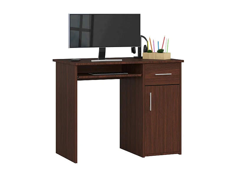 Bureau d'ordinateur AKORD PIN Wengé 90 cm 1 porte 1 tiroir façade Wengé 3 étagères 90x50x74 cm