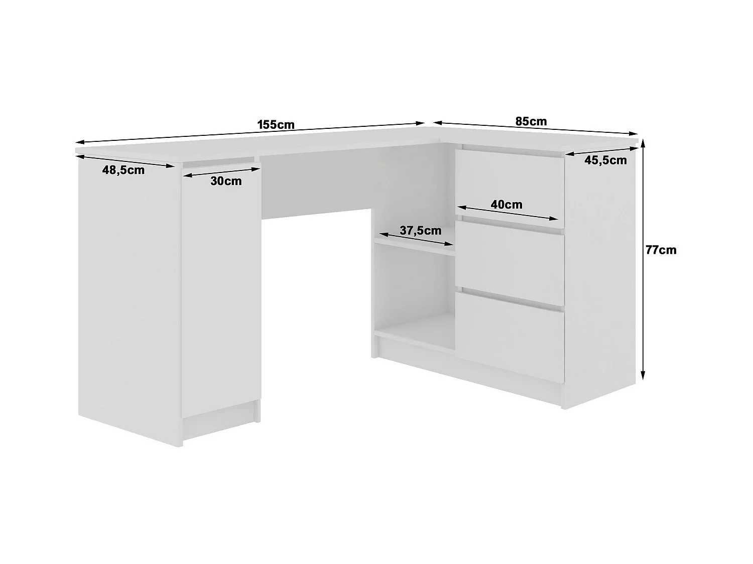 Eck-Schreibtisch AKORD B20 rechts in der Farbe Sonoma-Eiche mit 3 Schubladen Front Weiß und 4 Ablagen B155 x H77 x T85 cm