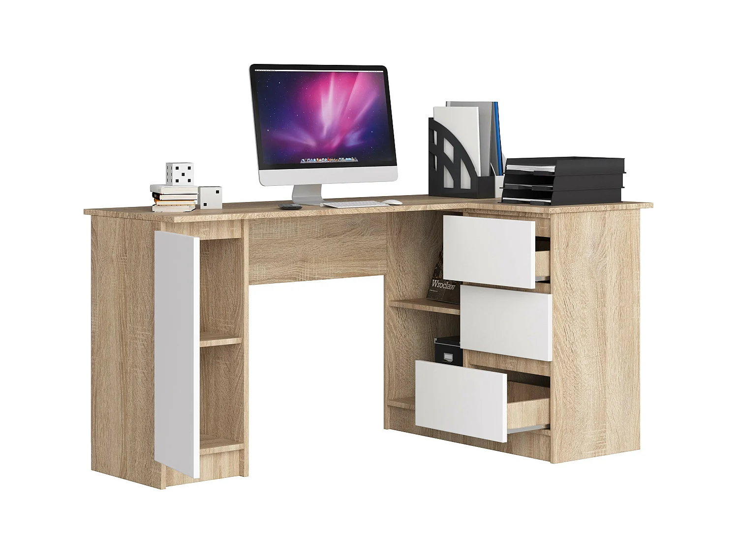 Grand bureau d'angle AKORD droit B20 Chêne Sonoma 155 cm 1 porte 3 tiroirs façade Blanche 4 étagères 155x85x77 cm