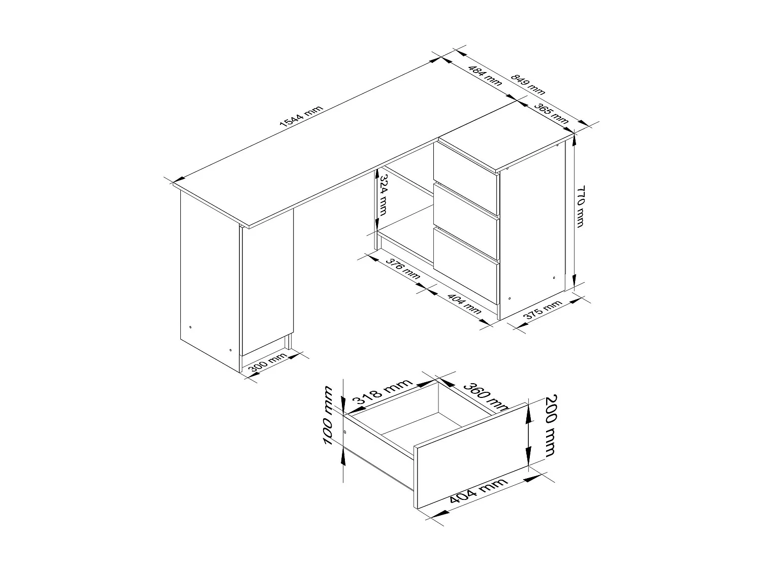 Hoekbureau B20 Rechtshandig, Eiken Sonoma/Wit, 155cm x 85cm, 3 Laden, 4 Planken, Matte Afwerking, Zelfmontage