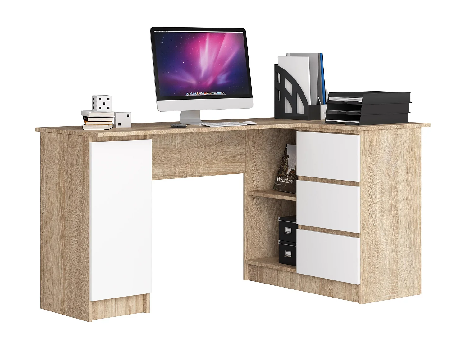 Grand bureau d'angle AKORD droit B20 Chêne Sonoma 155 cm 1 porte 3 tiroirs façade Blanche 4 étagères 155x85x77 cm