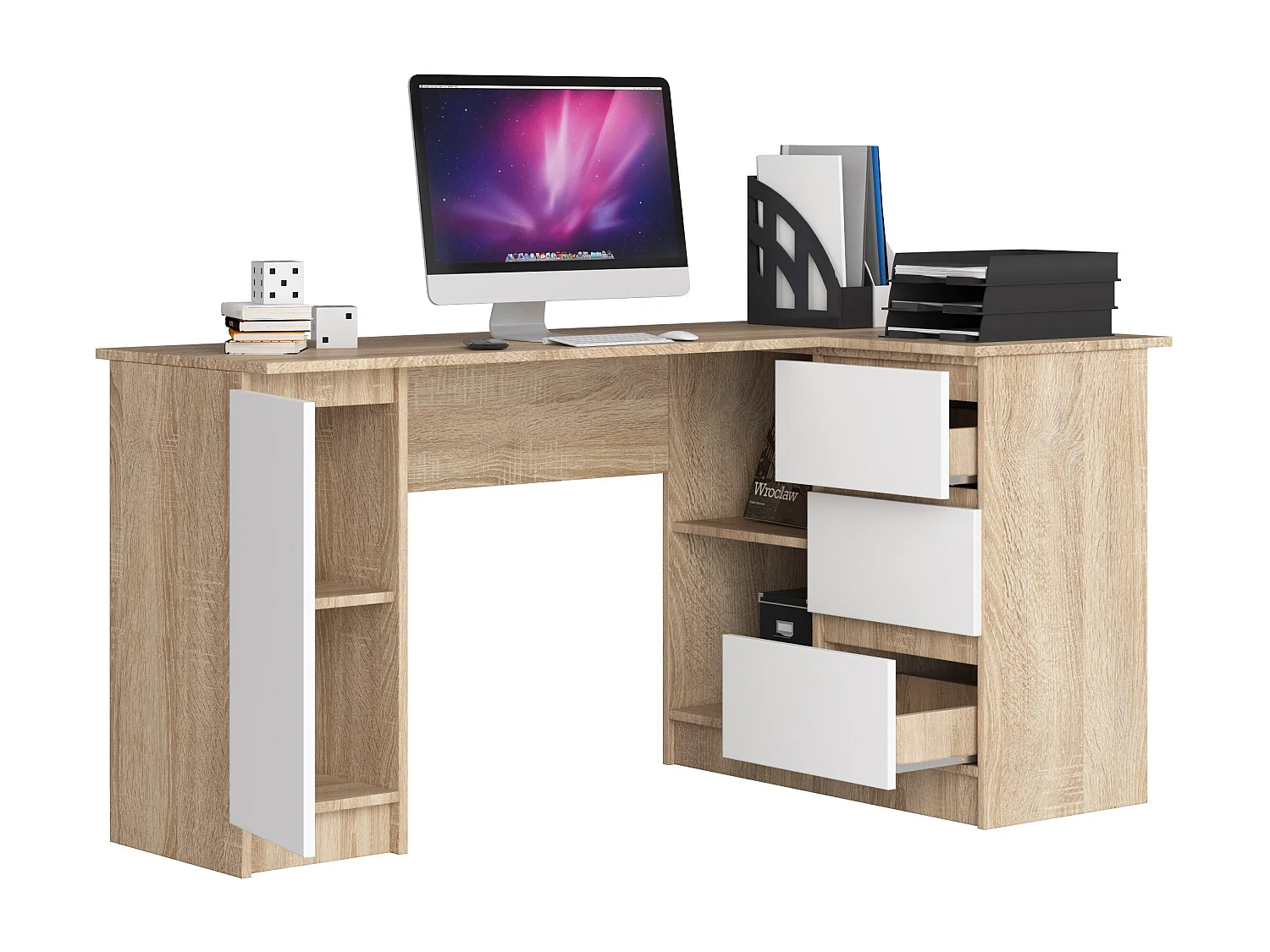 Grand bureau d'angle AKORD droit B20 Chêne Sonoma 155 cm 1 porte 3 tiroirs façade Blanche 4 étagères 155x85x77 cm