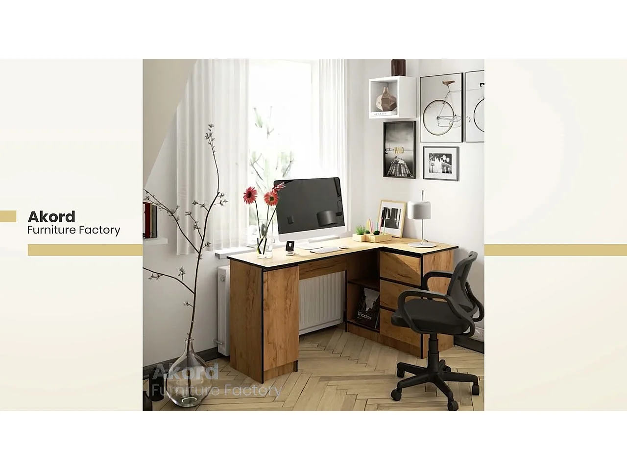 Grand bureau d'angle AKORD droit B20 Chêne Sonoma 155 cm 1 porte 3 tiroirs façade Blanche 4 étagères 155x85x77 cm