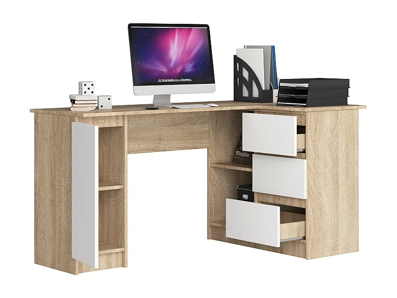 Grand bureau d'angle AKORD droit B20 Chêne Sonoma 155 cm 1 porte 3 tiroirs façade Blanche 4 étagères 155x85x77 cm