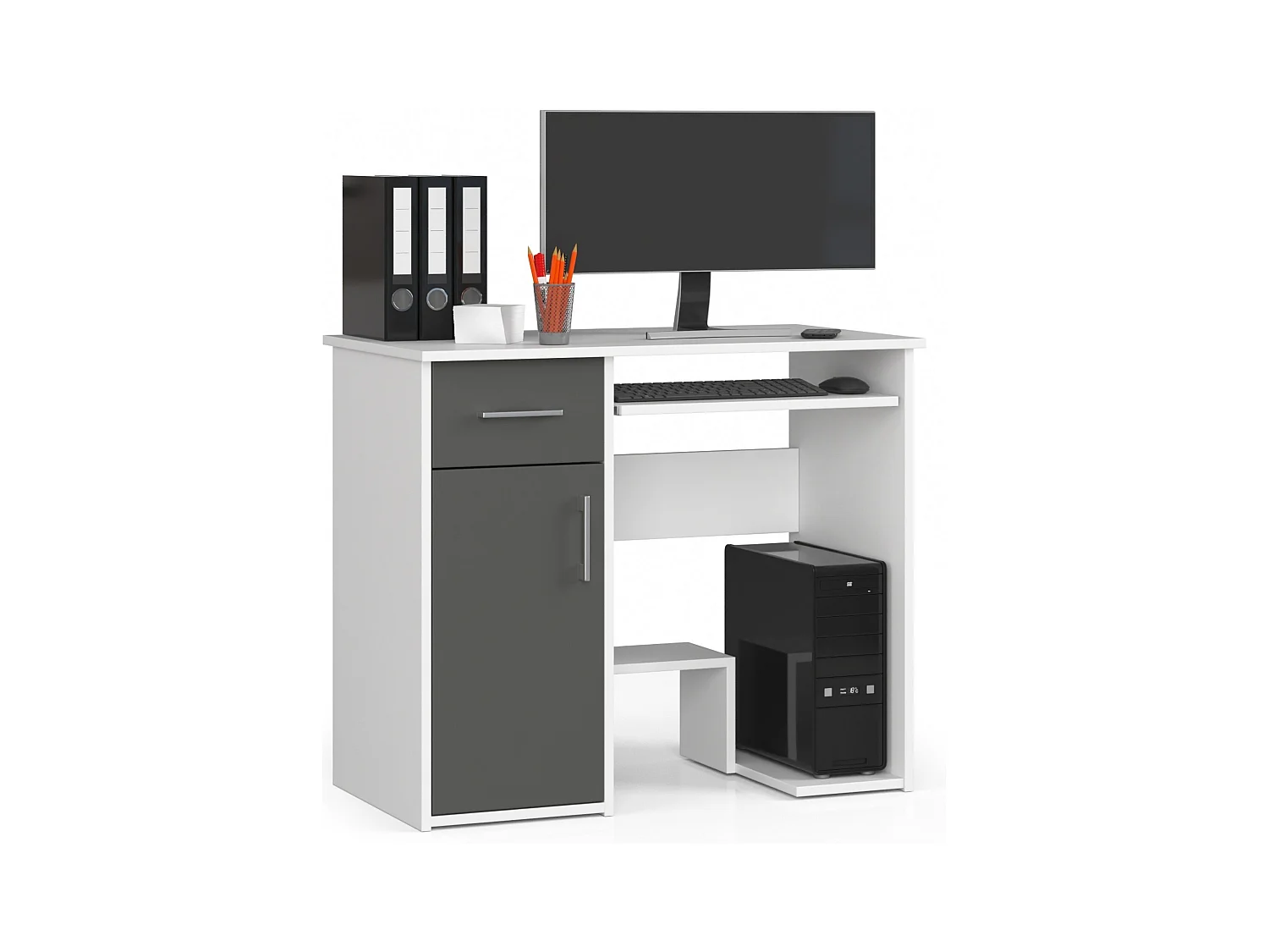 Bureau d'ordinateur AKORD JAY Blanc 90 cm 1 porte 1 tiroir façade Gris Graphite 3 étagères 90x50x74 cm