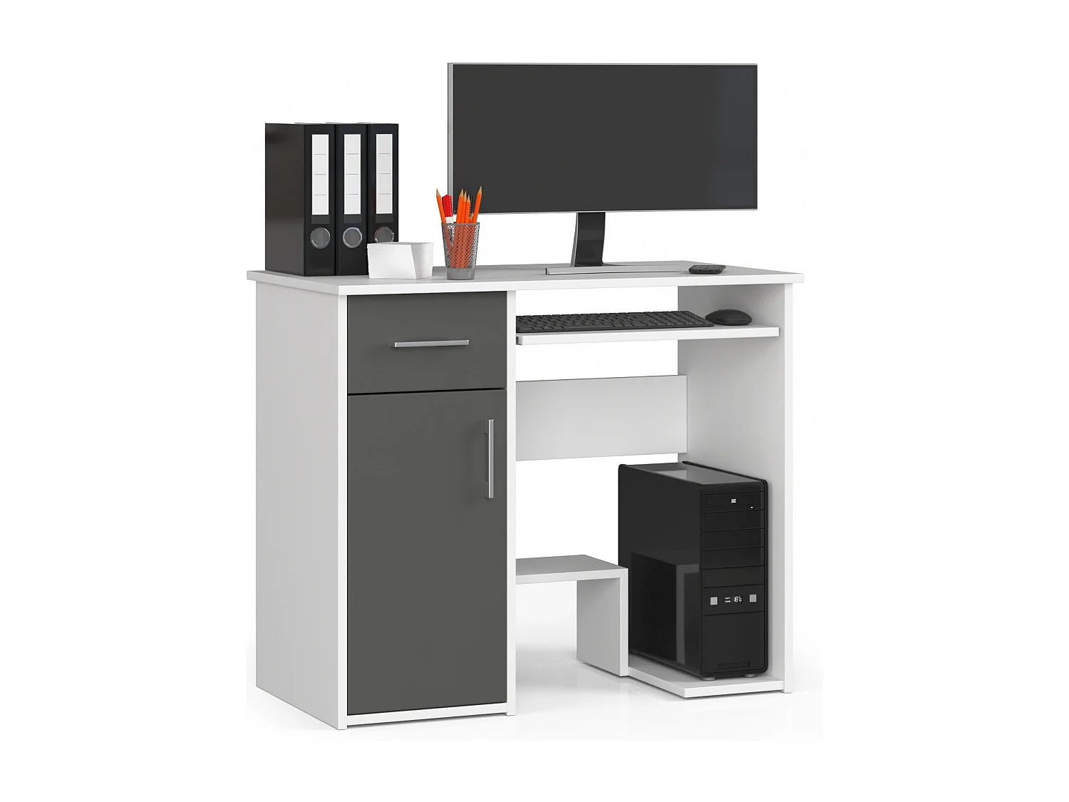 Klassiek Bureau JAY Wit/Grijs met Lade & Klavierlade - 90x74x50 cm - Laminaten Afwerking, Zelfmontage