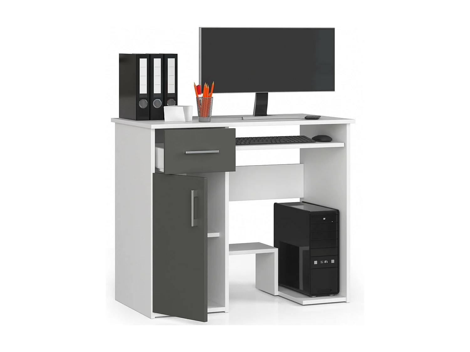Klassiek Bureau JAY Wit/Grijs met Lade & Klavierlade - 90x74x50 cm - Laminaten Afwerking, Zelfmontage