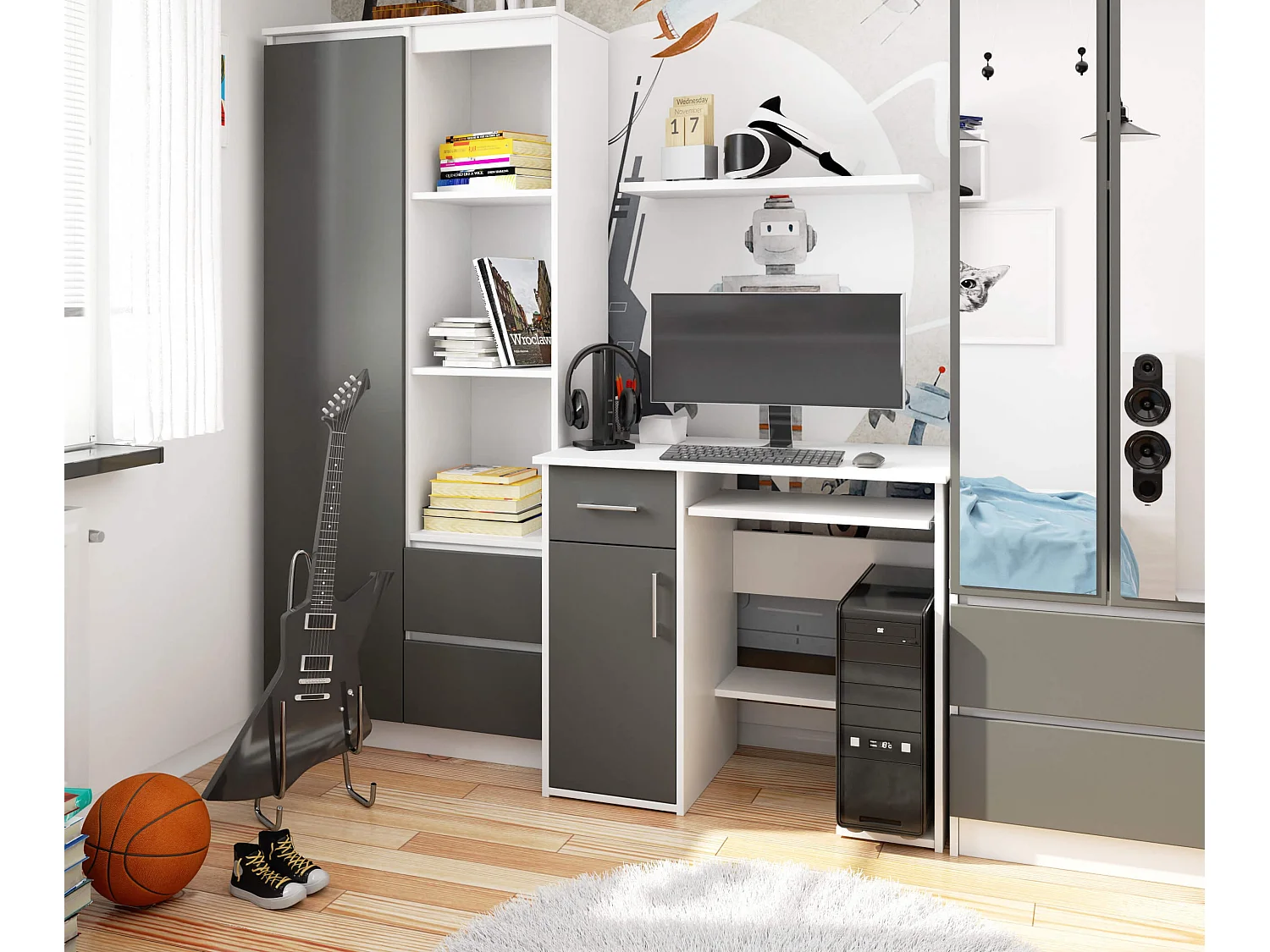 Klassiek Bureau JAY Wit/Grijs met Lade & Klavierlade - 90x74x50 cm - Laminaten Afwerking, Zelfmontage