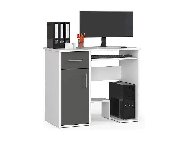 Klassiek Bureau JAY Wit/Grijs met Lade & Klavierlade - 90x74x50 cm - Laminaten Afwerking, Zelfmontage