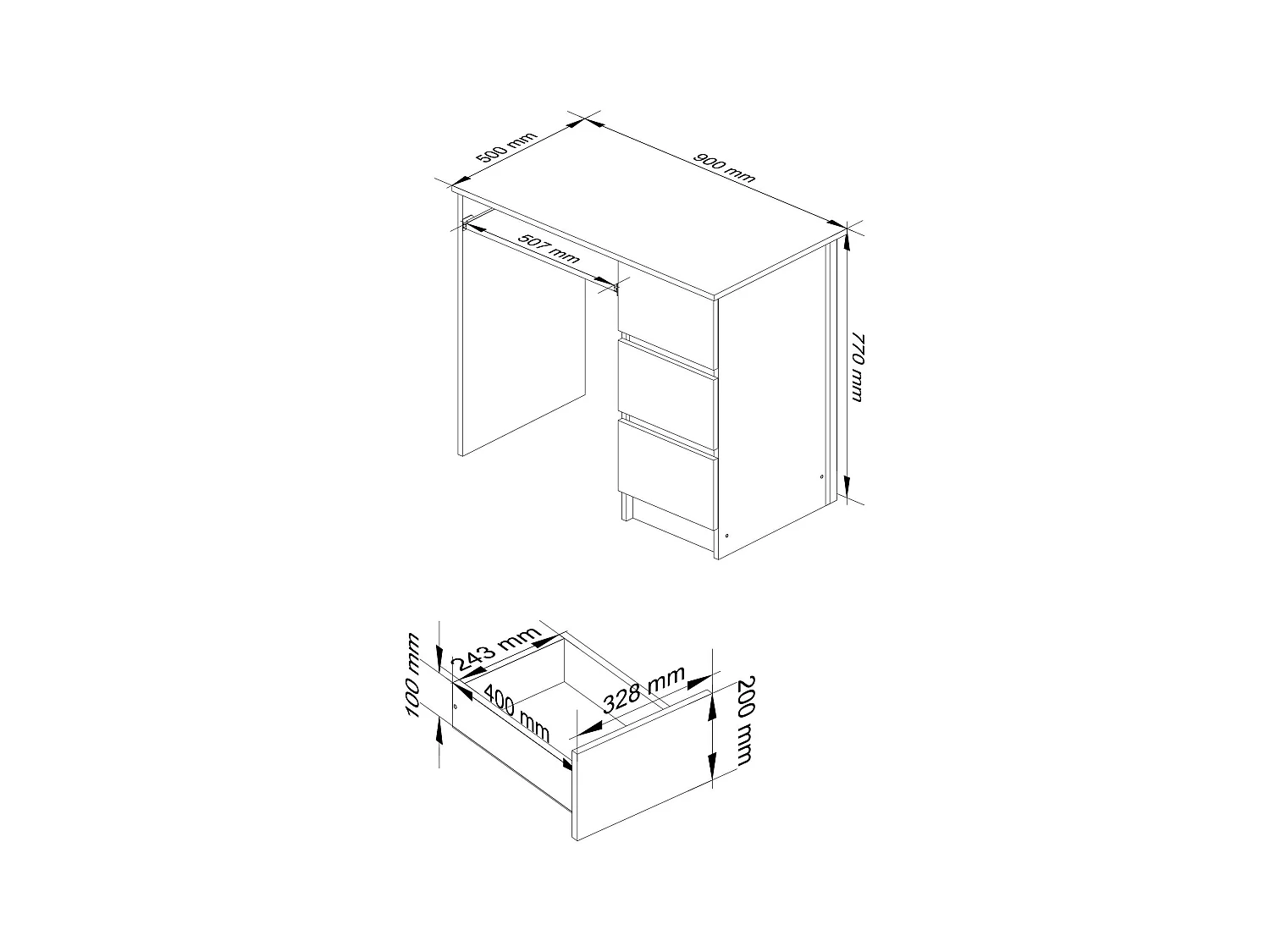 PC-Schreibtisch AKORD A6 rechts in der Farbe Wenge mit 3 Schubladen und 1 Ablagen B90 x H77 x T50 cm