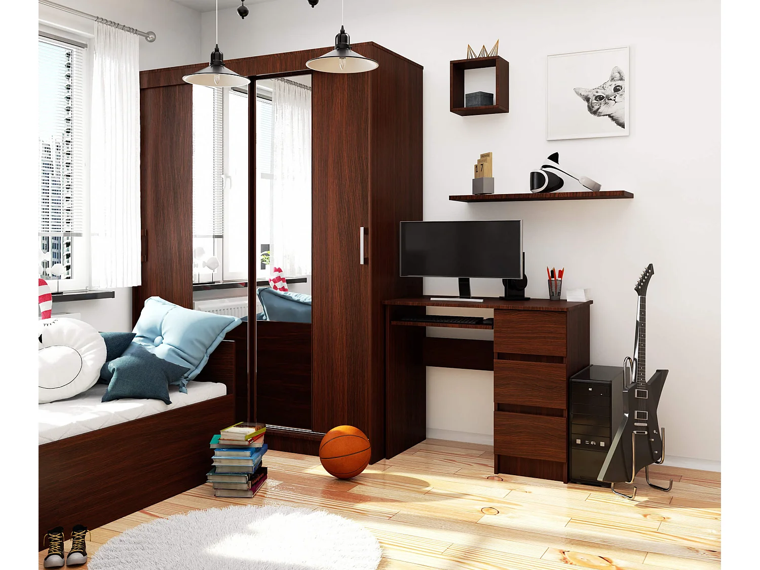 PC-Schreibtisch AKORD A6 rechts in der Farbe Wenge mit 3 Schubladen und 1 Ablagen B90 x H77 x T50 cm