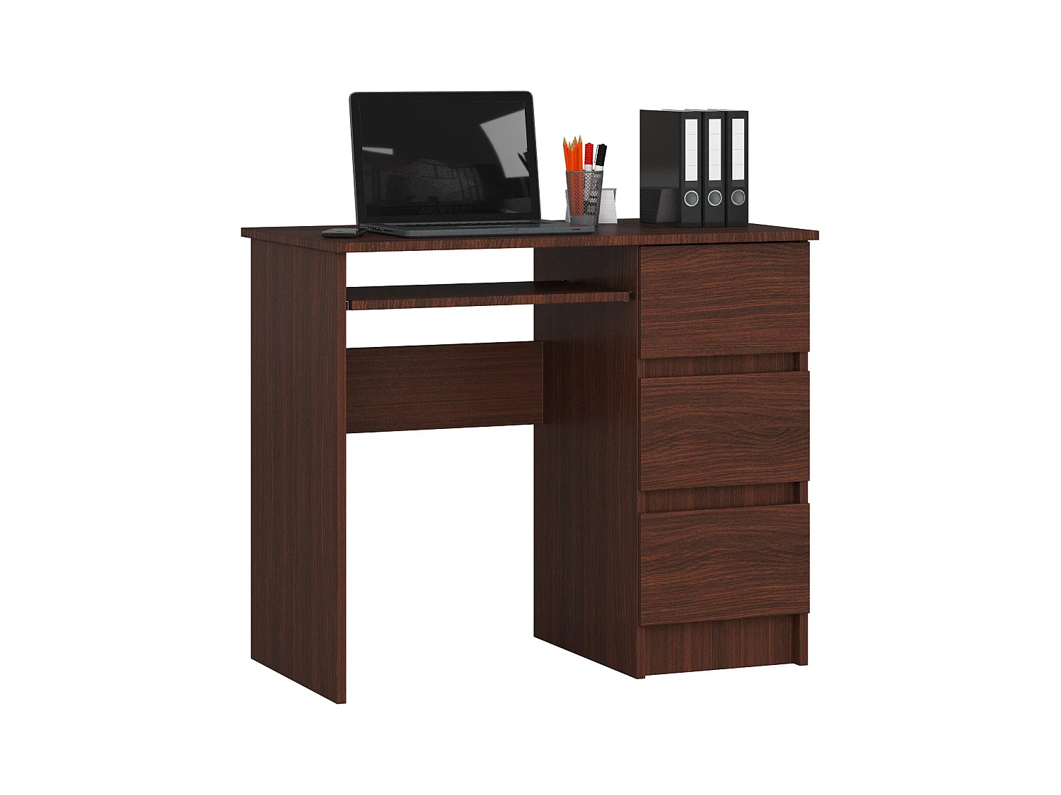 Bureau d'ordinateur AKORD droit A6 Wengé 90 cm 3 tiroirs façade Wengé 1 étagère 90x50x77 cm
