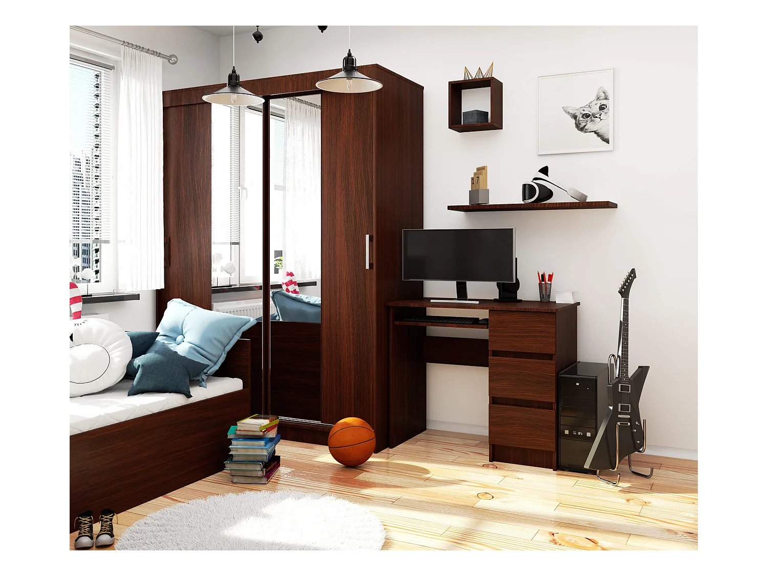 Wenge Bureau A-6 Rechthoekig met 3 Laden en Uitschuifbaar Toetsenbord Vak