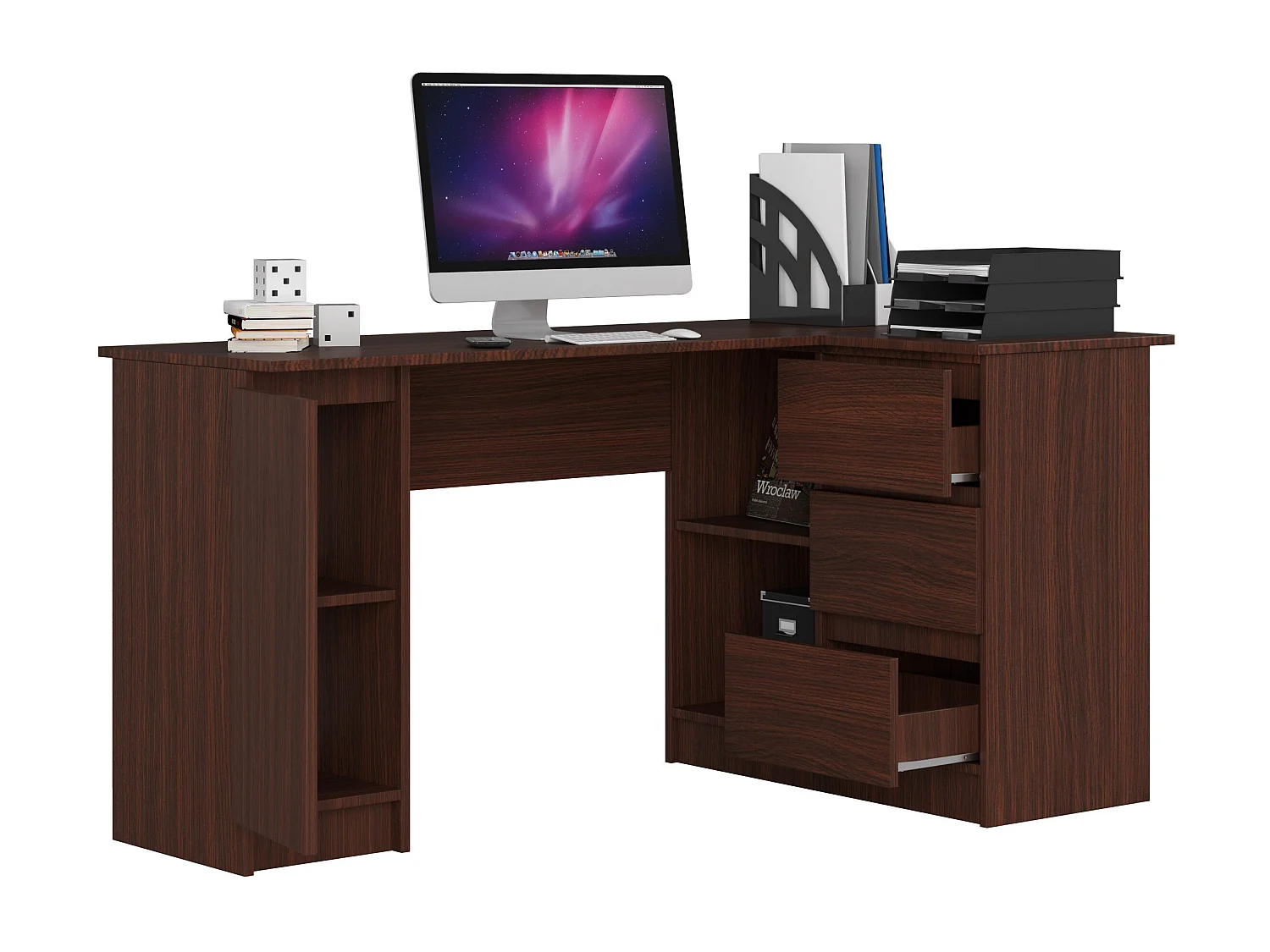 Eck-Schreibtisch AKORD B20 rechts in der Farbe Wenge mit 3 Schubladen und 4 Ablagen B155 x H77 x T85 cm