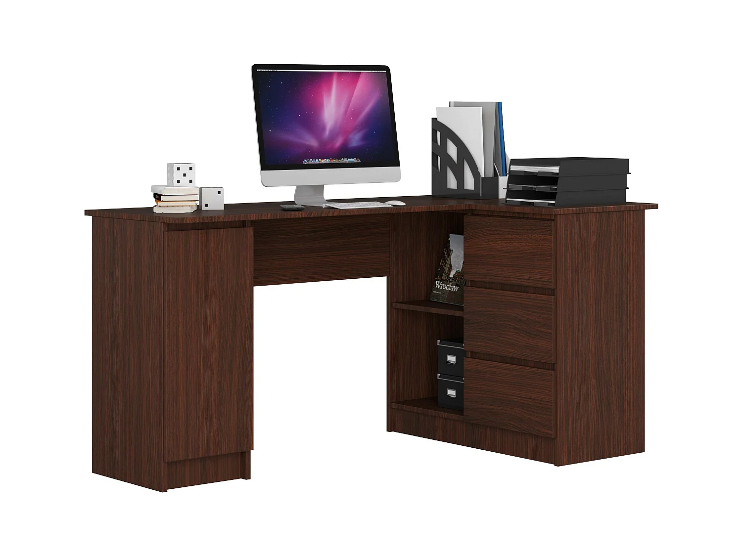 Grand bureau d'angle AKORD droit B20 Wengé 155 cm 1 porte 3 tiroirs façade Wengé 4 étagères 155x85x77 cm