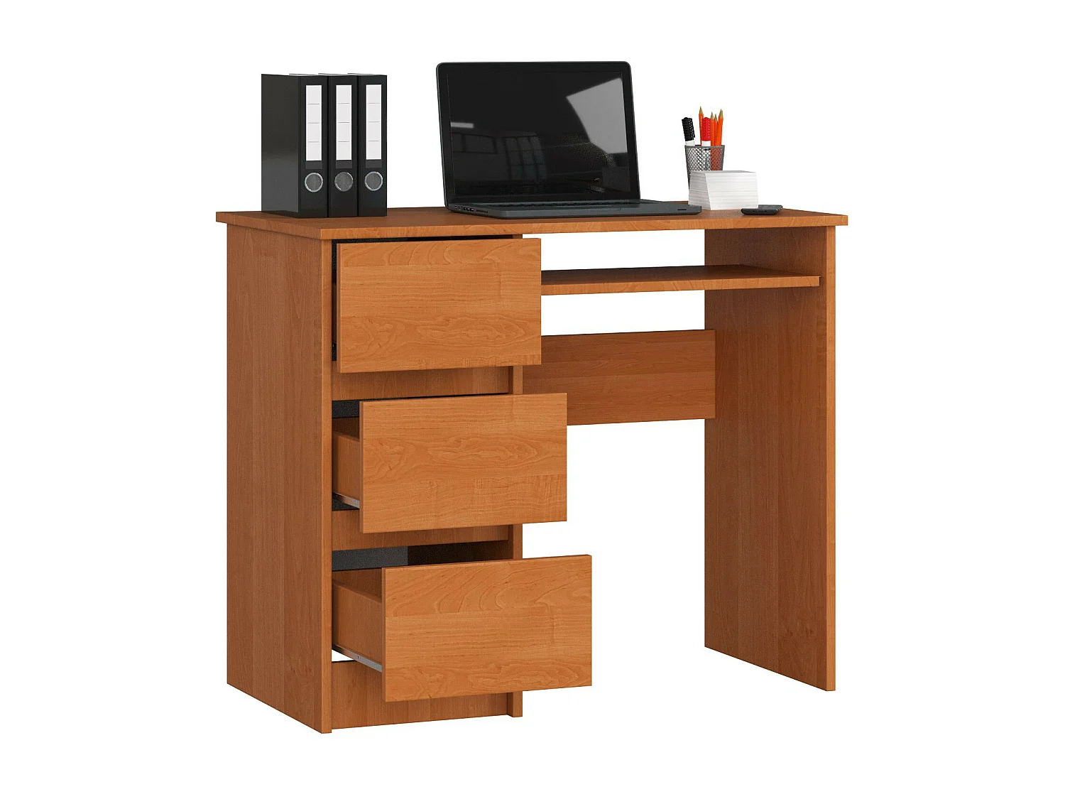 PC-Schreibtisch AKORD A6 links in der Farbe Erle mit 3 Schubladen und 1 Ablagen B90 x H77 x T50 cm