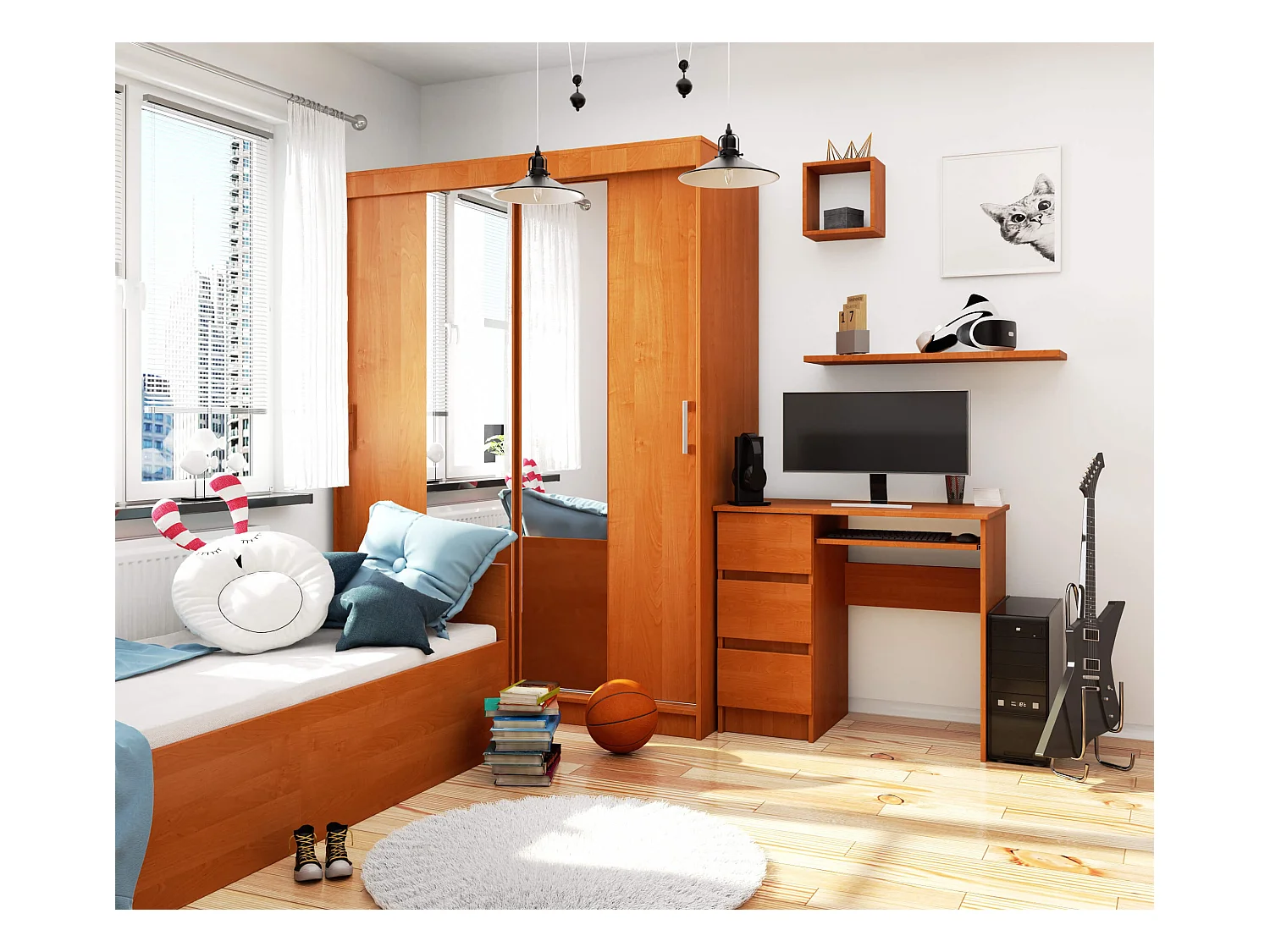 PC-Schreibtisch AKORD A6 links in der Farbe Erle mit 3 Schubladen und 1 Ablagen B90 x H77 x T50 cm