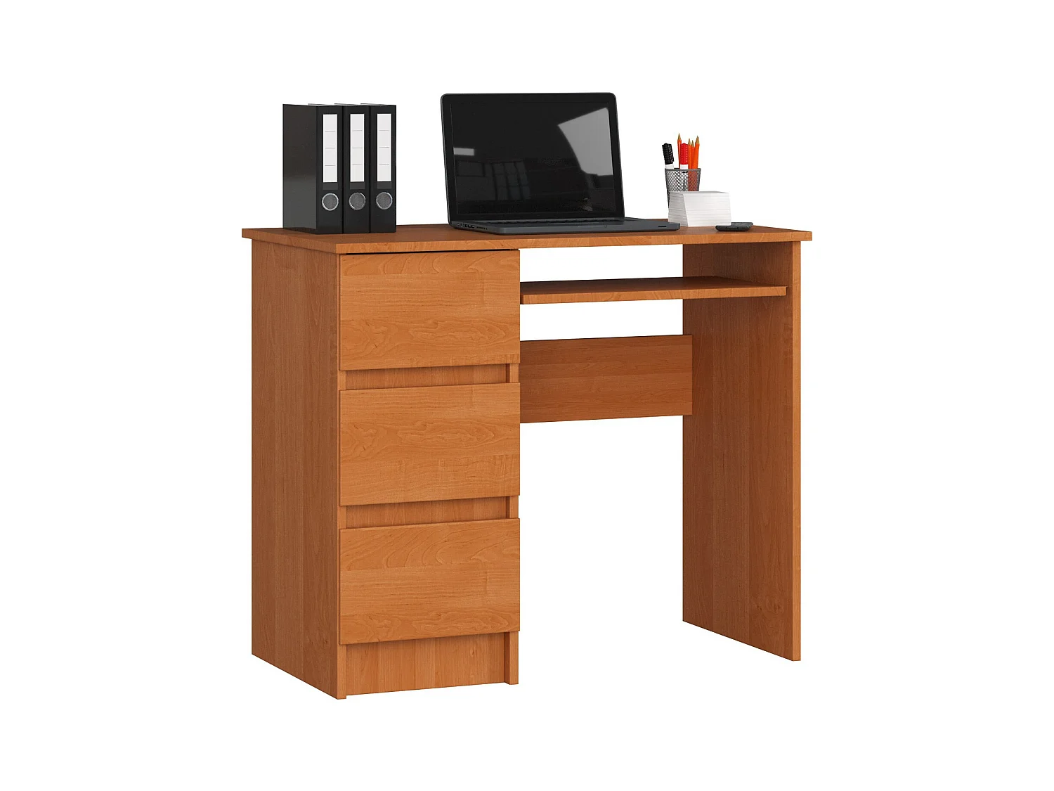 Bureau d'ordinateur AKORD gauche A6 Aulne 90 cm 3 tiroirs façade Aulne 1 étagère 90x50x77 cm
