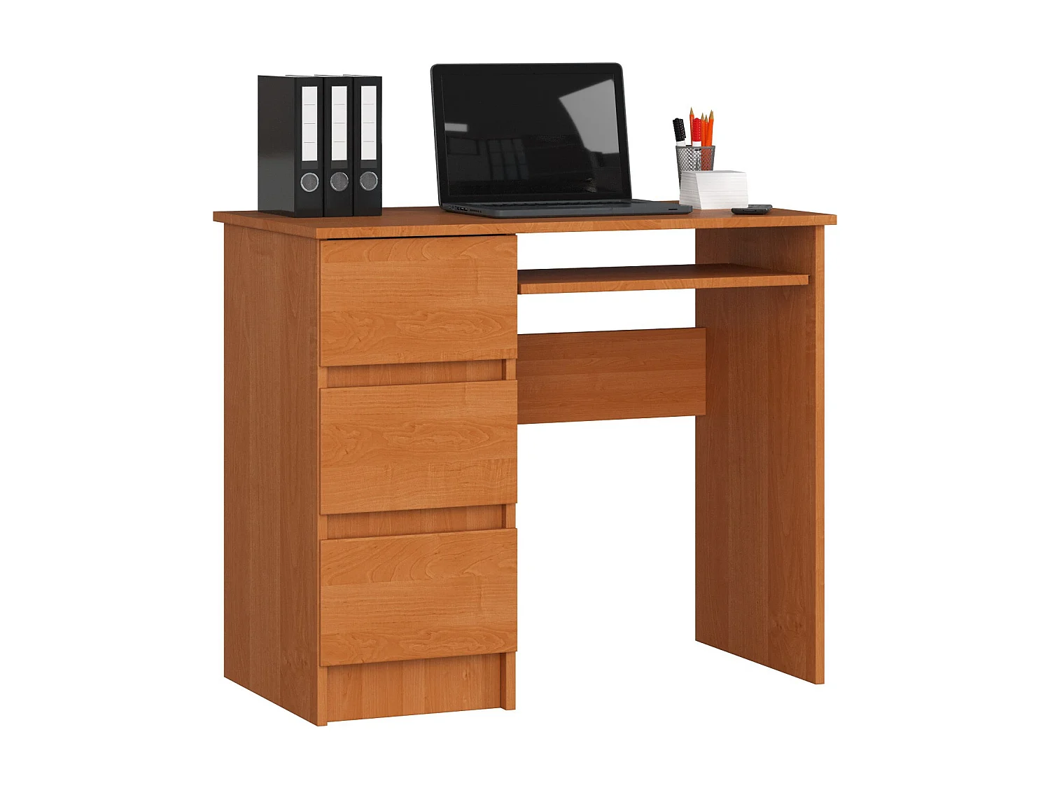 Bureau d'ordinateur AKORD gauche A6 Aulne 90 cm 3 tiroirs façade Aulne 1 étagère 90x50x77 cm