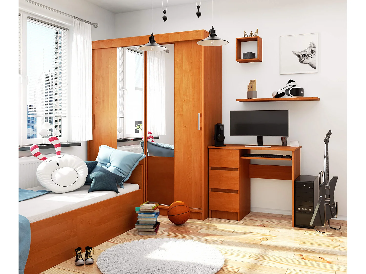 Bureau d'ordinateur AKORD gauche A6 Aulne 90 cm 3 tiroirs façade Aulne 1 étagère 90x50x77 cm