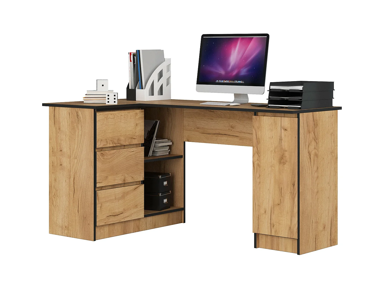 Escritorio esquinero AKORD B20 Roble Craft 155 cm con lado izquierdo 1 puerta 3 cajones frente en color Roble Craft 4 estantes 155x85x77 cm