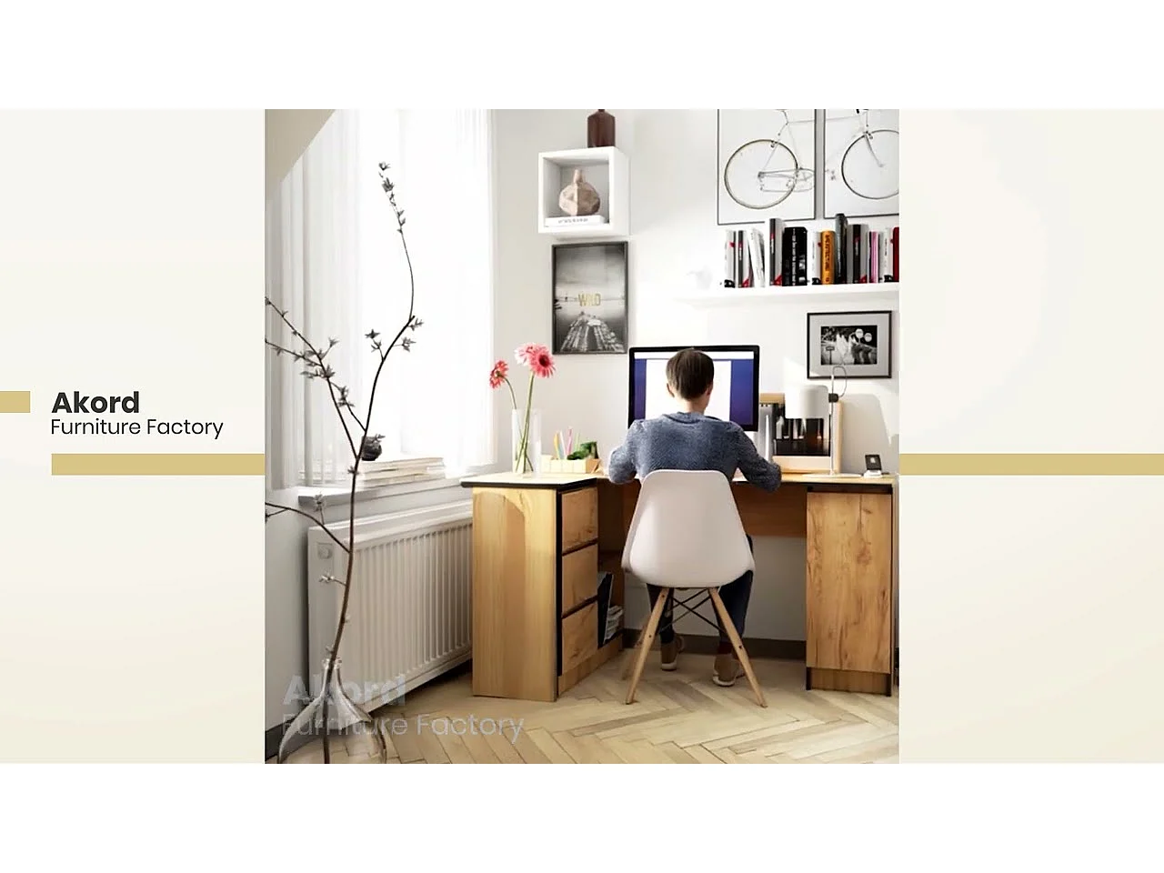 Grand bureau d'angle AKORD gauche B20 Chêne Craft 155 cm 1 porte 3 tiroirs façade Chêne Craft 4 étagères 155x85x77 cm