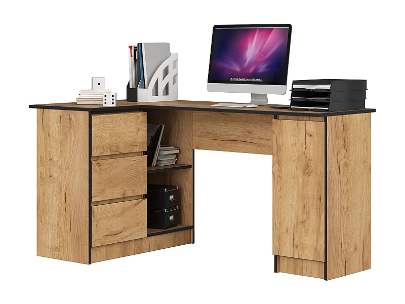 Grand bureau d'angle AKORD gauche B20 Chêne Craft 155 cm 1 porte 3 tiroirs façade Chêne Craft 4 étagères 155x85x77 cm
