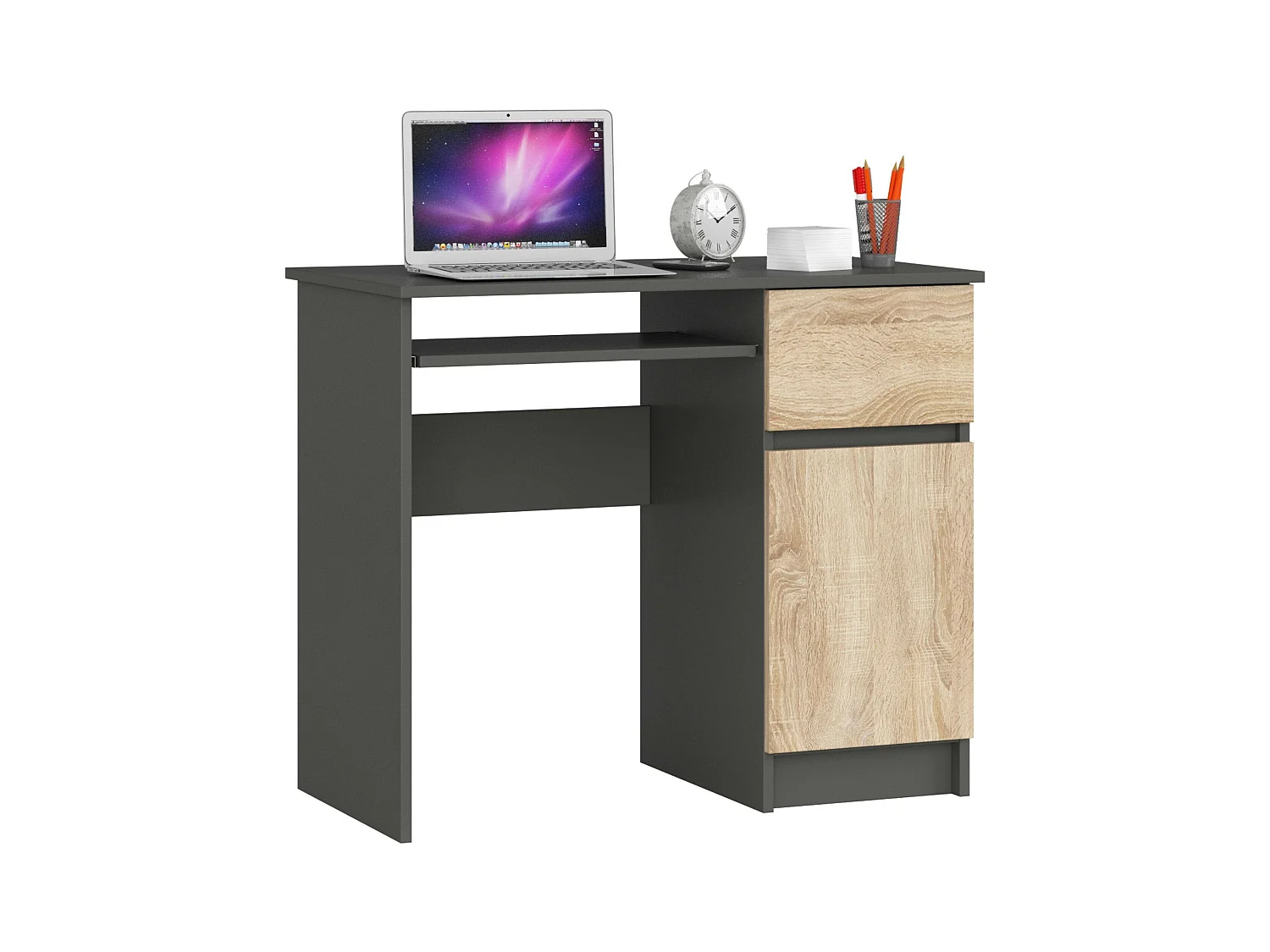 Scrivania per computer AKORD PIKSEL Grigio Grafite 90 cm 1 anta 1 cassetto inserto frontale Sonoma Quercia 90x50x77 cm Modello a destra