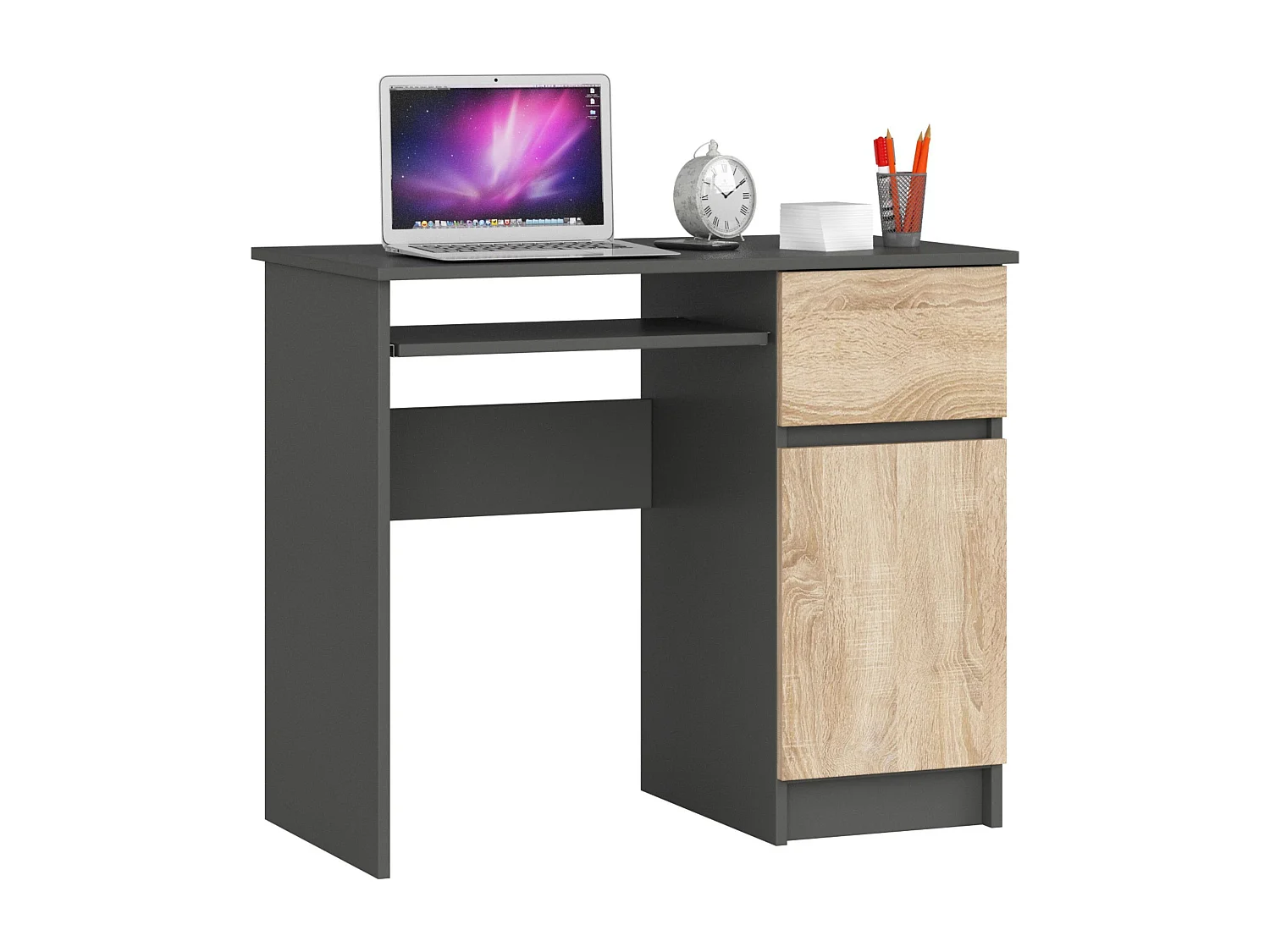 Bureau d'ordinateur AKORD droit PIKSEL Gris Graphite 90 cm 1 porte 1 tiroir façade Chêne Sonoma 3 étagères 90x50x77 cm