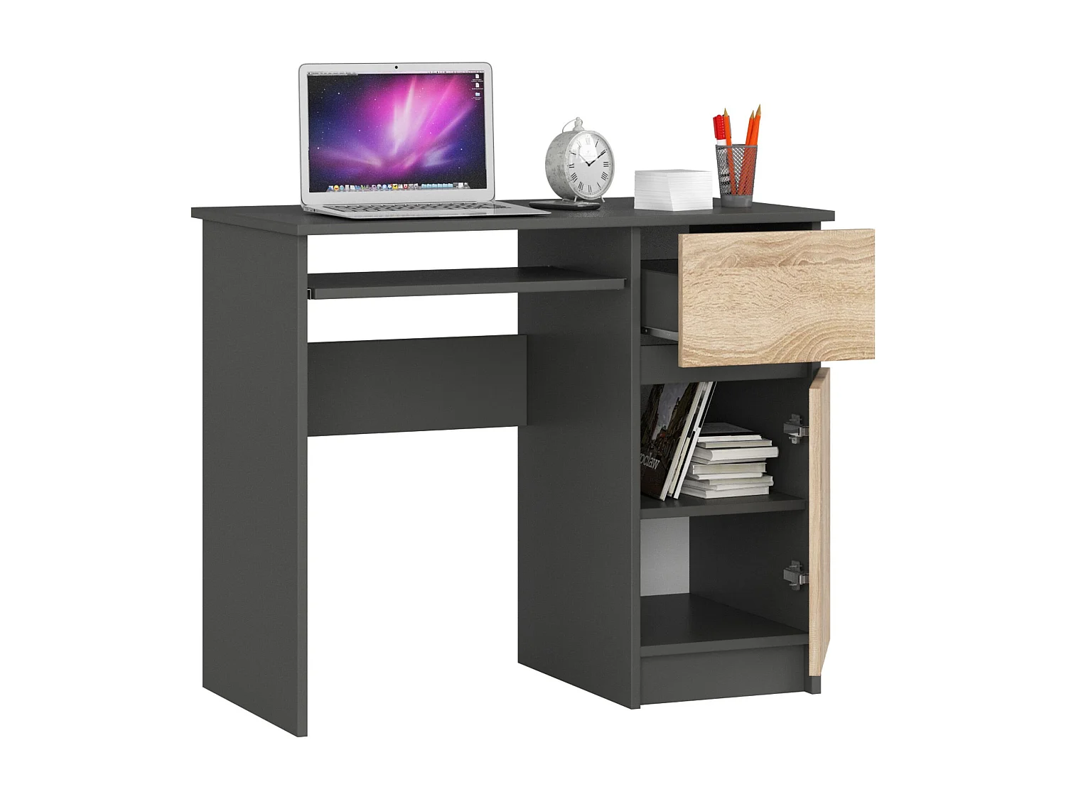 Bureau d'ordinateur AKORD droit PIKSEL Gris Graphite 90 cm 1 porte 1 tiroir façade Chêne Sonoma 3 étagères 90x50x77 cm