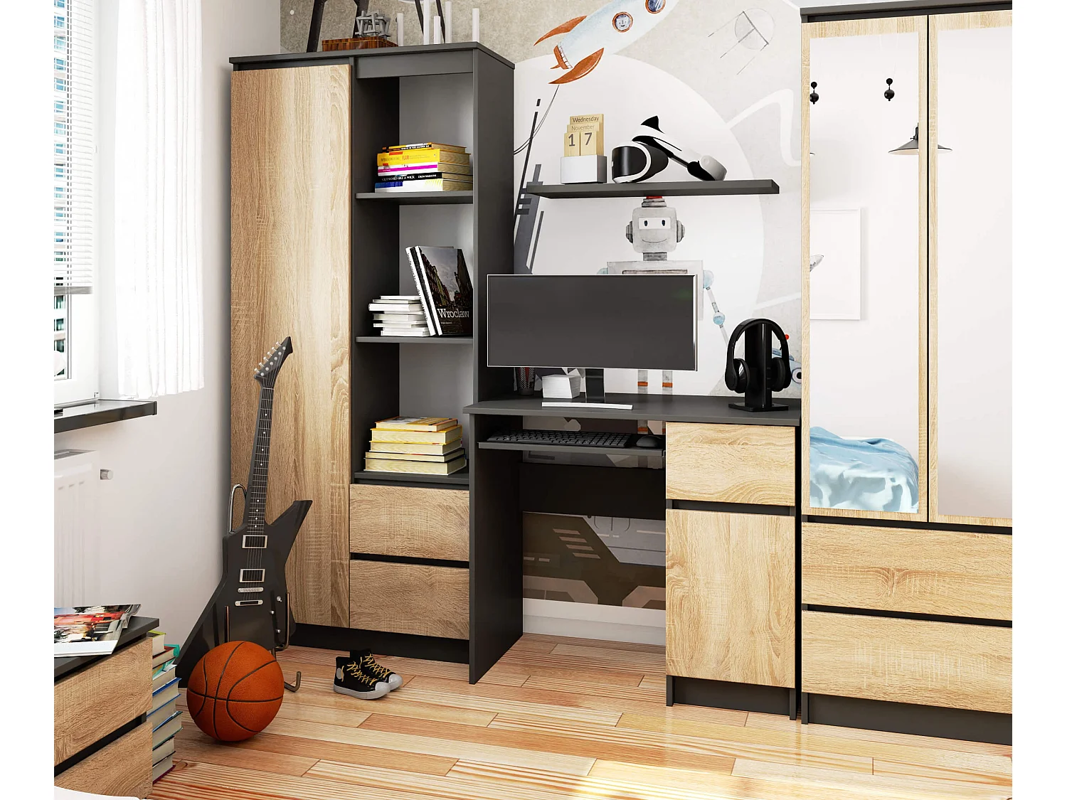 Bureau d'ordinateur AKORD droit PIKSEL Gris Graphite 90 cm 1 porte 1 tiroir façade Chêne Sonoma 3 étagères 90x50x77 cm