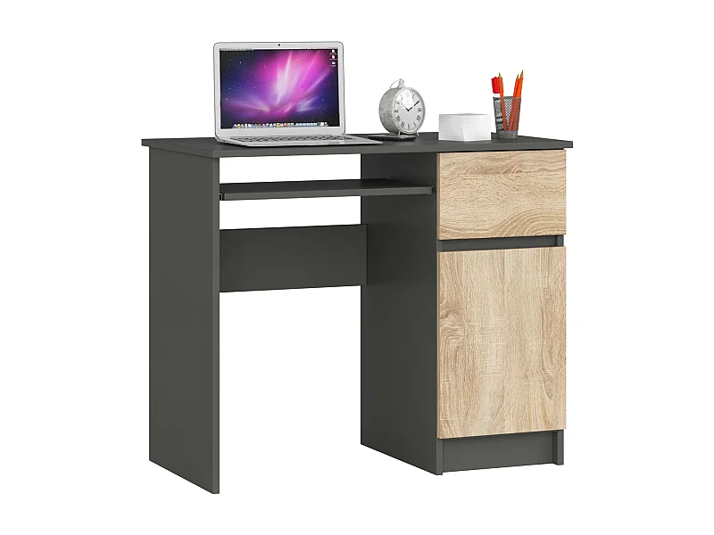 Bureau d'ordinateur AKORD droit PIKSEL Gris Graphite 90 cm 1 porte 1 tiroir façade Chêne Sonoma 3 étagères 90x50x77 cm