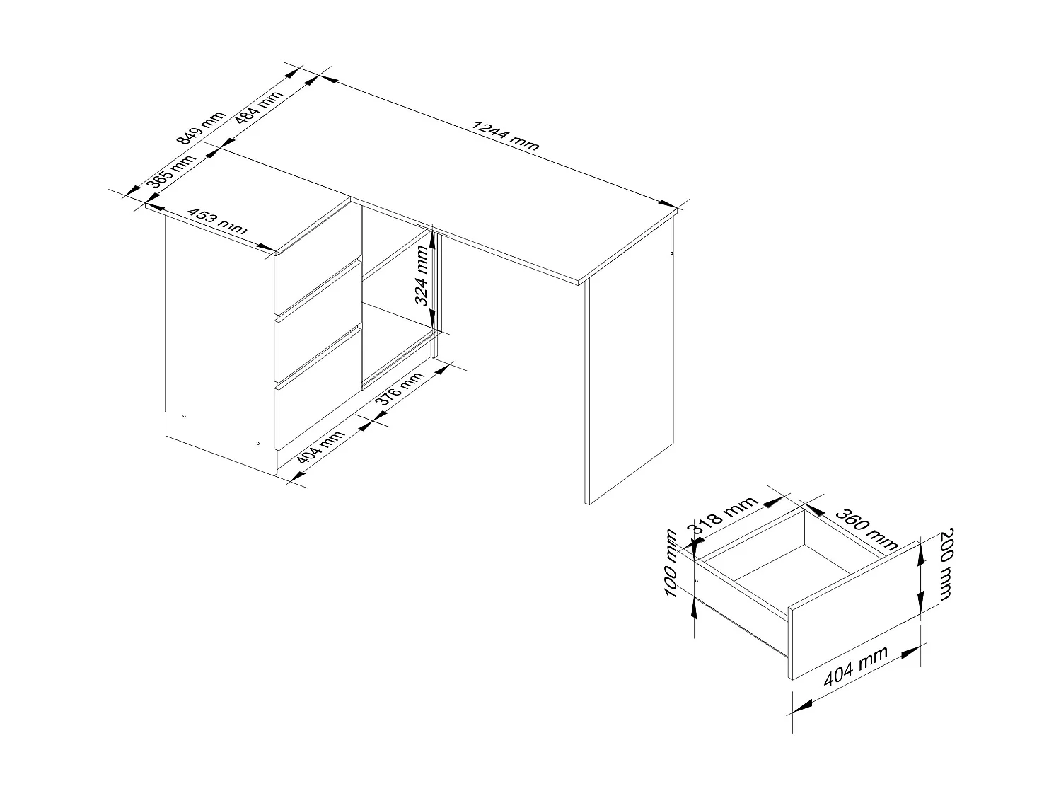 Hoekbureau Links B16 / Computerbureau / Computer Tafel / Bureautafel Rechts / Craft Eik / 124 x 77 x 85 cm