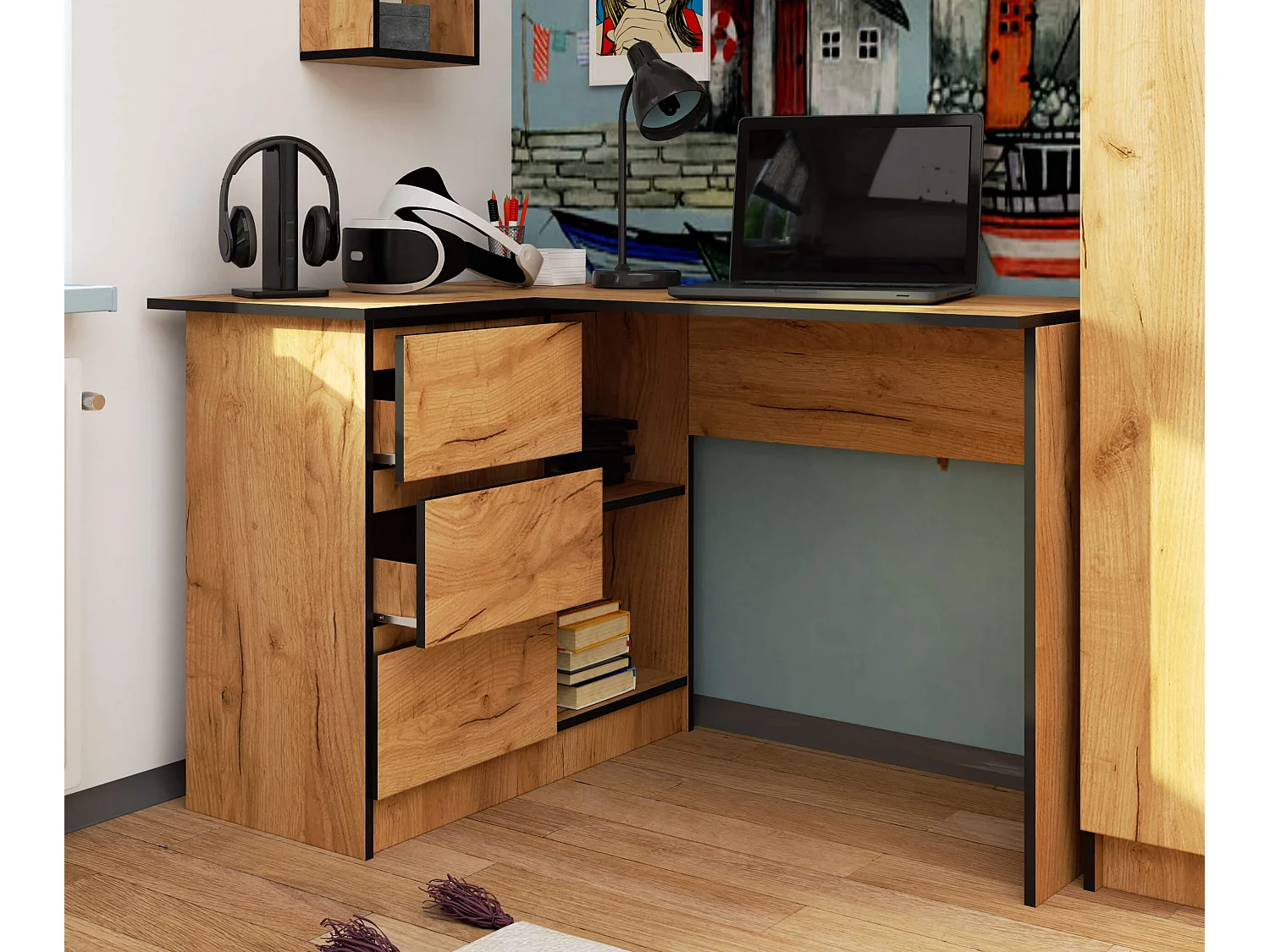 Hoekbureau Links B16 / Computerbureau / Computer Tafel / Bureautafel Rechts / Craft Eik / 124 x 77 x 85 cm