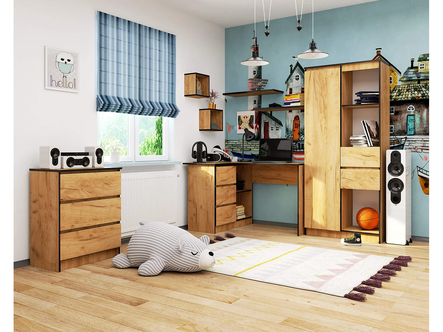 Biurko narożne AKORD B16 Dąb Craft 124 cm lewe 3 szuflady kolor Dąb Craft mat 2 półki 124x85x77 cm