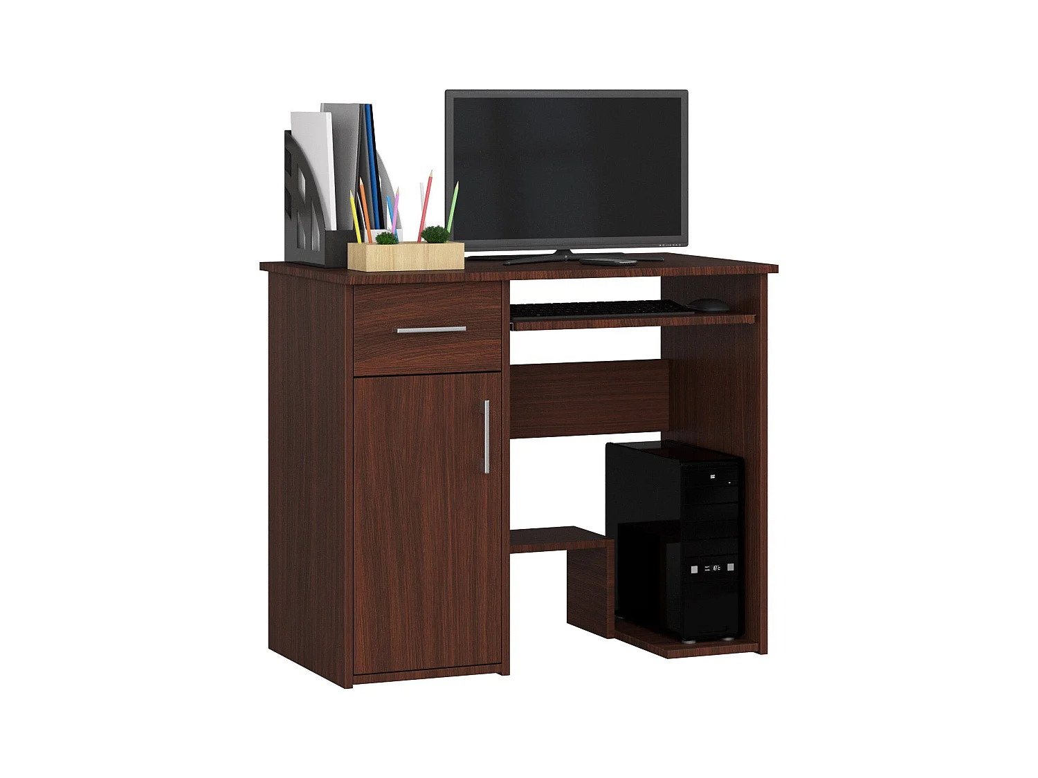 Escritorio de ordenador AKORD JAY Wenge 90 cm 1 puerta 1 cajón Wenge 3 estantes 90x50x74 cm